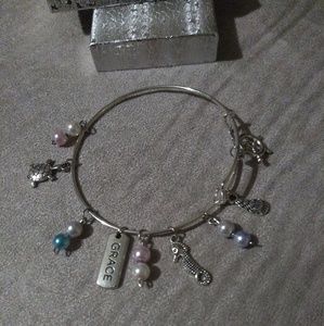 Sea theme charm bracelet , handmade pink and blue